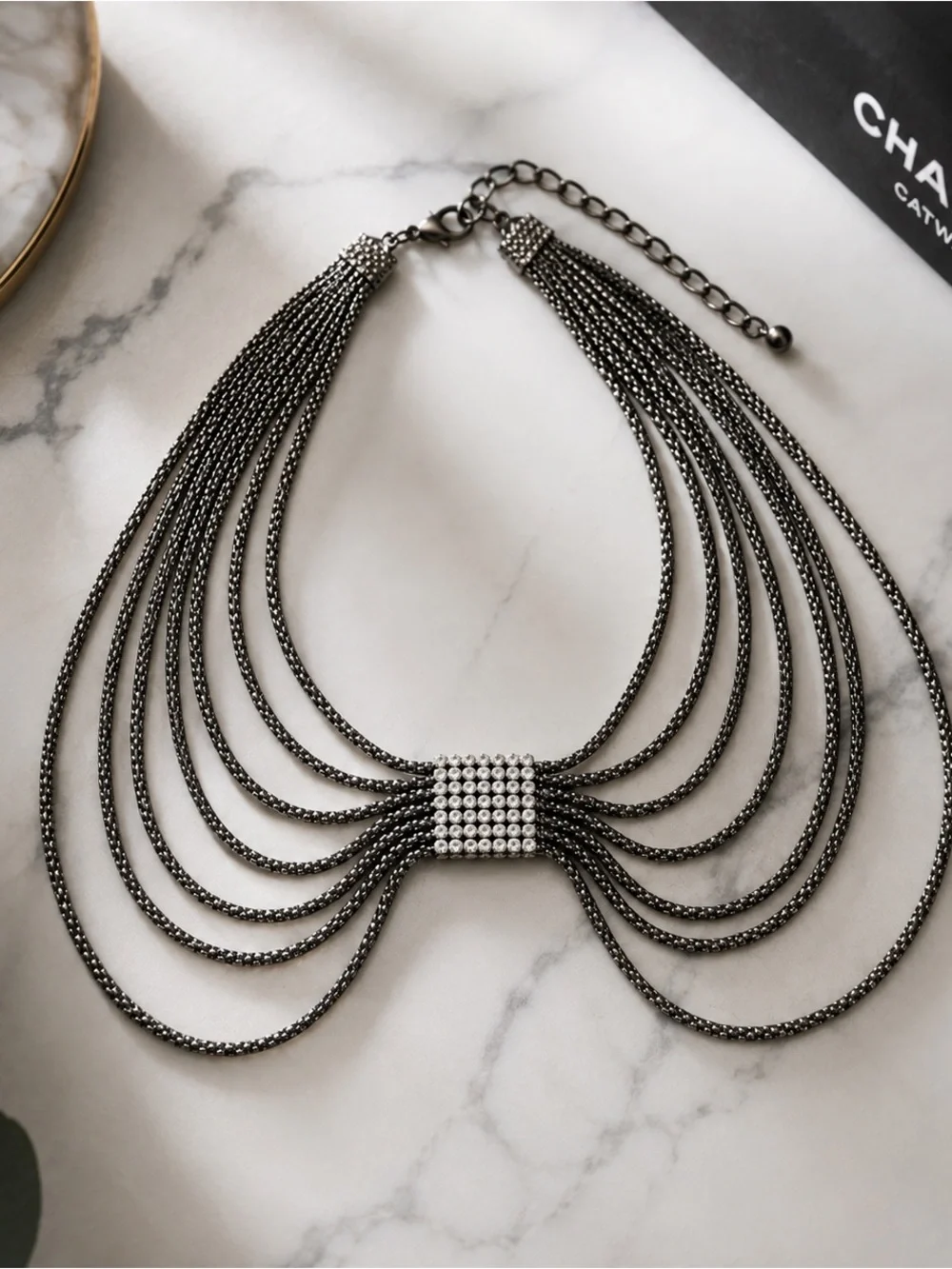 Dark Silver Tone Mesh Layered Swag Chest Chain Statement Necklace with‎ Crystal